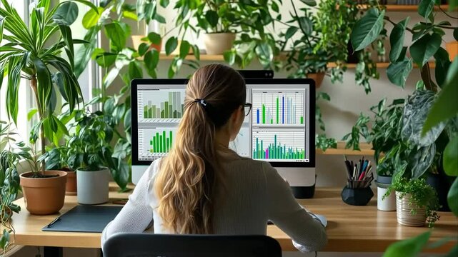 Focused woman working on data charts at a desktop computer in a home office surrounded by plants 