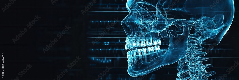 Poster jawbone implants showcased in x-ray blueprint, highlighting detailed skeletal structures against a d