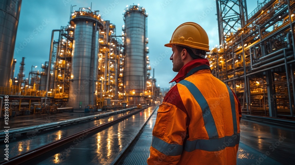 Aufkleber in a petrochemical refinery, workers oversee automation processes and monitoring equipment. the indu