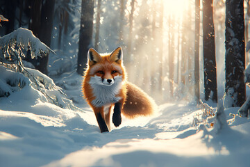 Obraz premium Red fox in sunlit snowy forest, wildlife