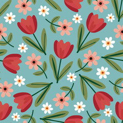 Aesthetic spring flowers pattern. Seamless floral pattern with red tulips and daisies on teal background. Vector flat springtime illustration for fabric, textile, wallpapers, spring feminine designs.