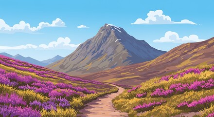 Naklejka premium Hiking Trail Leading to Mountain Peak with Heather Flowers Landscape