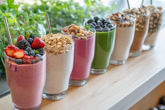 Assorted fruit smoothie glasses with toppings on a wooden counter in a modern caf&eacute;