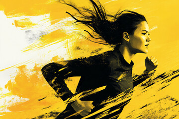 dynamic artistic image of a woman running in black outfit with expressive yellow and black brush strokes