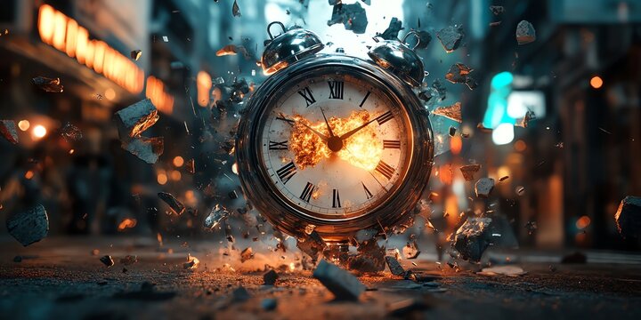 Exploding Alarm Clock Time Management Concept in Urban Setting