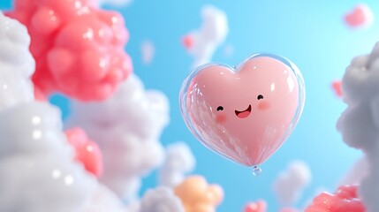 Happy heart balloon floats among fluffy clouds