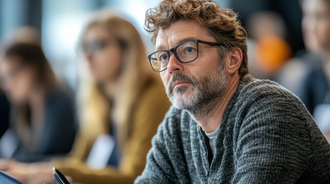 A middle-aged man listens attentively at a workshop focused on homelessness prevention, engaging with the material and taking notes. The environment is collaborative and informative