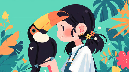 Young girl joyfully interacting with a toucan amidst vibrant tropical foliage in a cheerful setting
