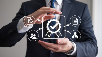 Businessman Holding a Hologram of Quality Assurance and Certification