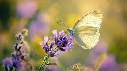 Naklejka premium White butterfly on lavender in sunlight.