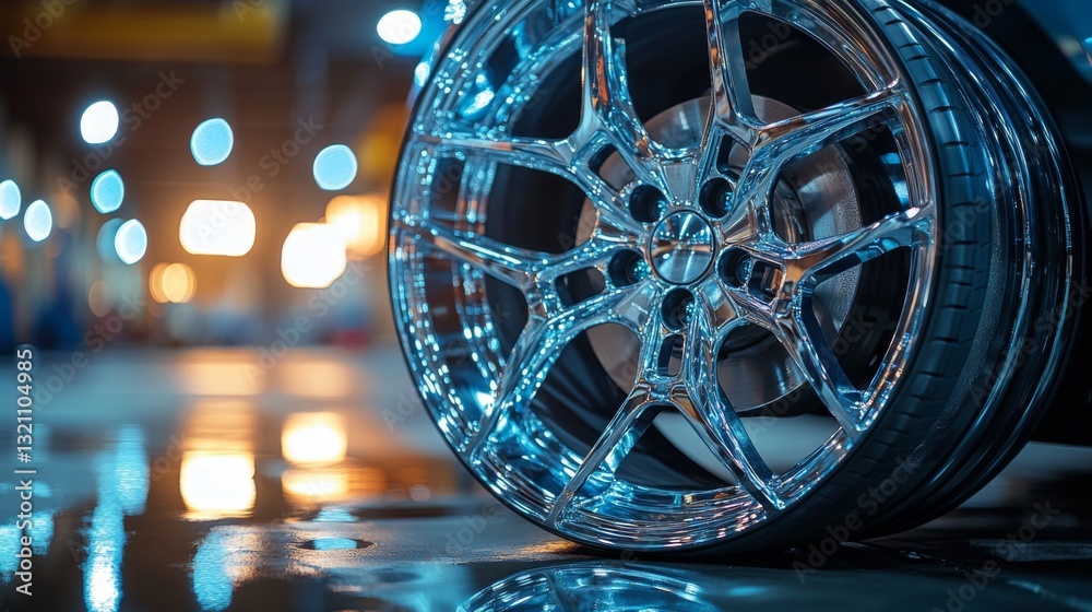 Poster a chrome alloy wheel is prominently displayed in a bustling manufacturing facility. the background h