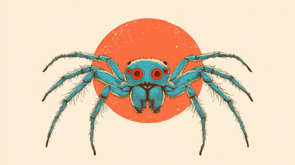 Retro pop art jumping spider in teal with red eyes against orange circle