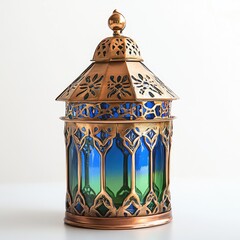 Decorative brass lantern with blue and green stained glass accents.  Ornate design features intricate details and a captivating visual appeal