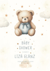 Cute baby shower watercolor invitation card for new born celebration. With plush toy teddy bear, clouds and stars.
