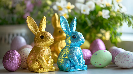 Shiny foil-wrapped chocolate Easter bunnies in a variety of vibrant colors, displayed on a festive holiday table with decorated Easter eggs and spring flowers for a fun and joyful atmosphere.