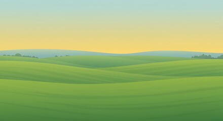 Rolling Green Hills Landscape with Yellow Sky Background Vector Illustration