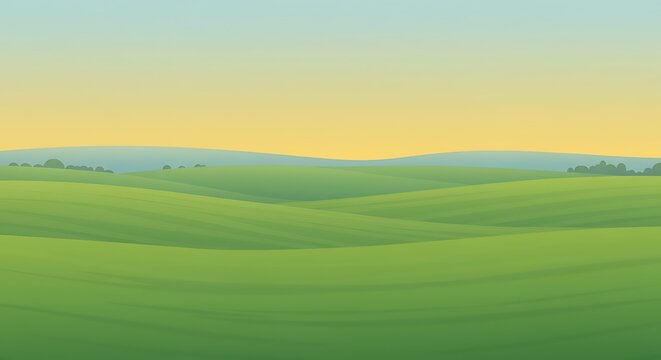 Rolling Green Hills Landscape with Yellow Sky Background Vector Illustration