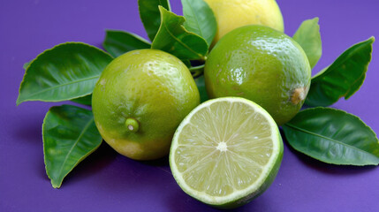 fresh limes on purple background