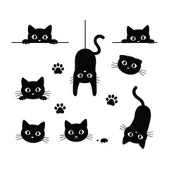 Playful Black Cat Silhouette Collection | Cute Cat Poses and Paw Prints for Stickers, Logos, and Digital Art