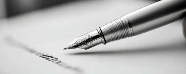 Elegant fountain pen writing on paper in black and white close-up