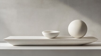 A serene arrangement of minimalist ceramics highlights a smooth tabletop adorned with a oval dish and a spherical object. Soft, natural light casts gentle shadows, enhancing their elegance