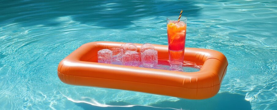 Orange inflatable with cold beverages and glasses floating in pool on sunny day