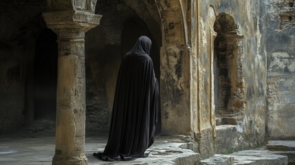 A cloaked figure in a historical setting, their presence adding mystery and intrigue to the ancient surroundings