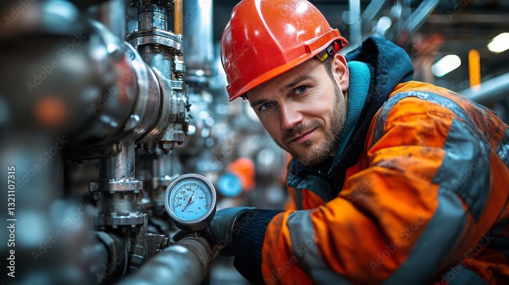 Poster a worker in an orange safety uniform and helmet inspects a pressure gauge on complex machinery in a 
