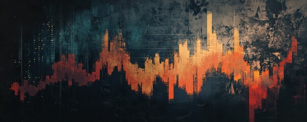 Vibrant abstract cityscape with colorful neon skyline reflections on textured grunge background