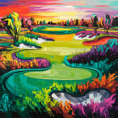 Abstract and Artistic image - A vibrant, abstract golf course painting with swirling emerald grass, colorful fairways, a sunset sky, and fluid shapes of trees and bunkers, radiating energy.