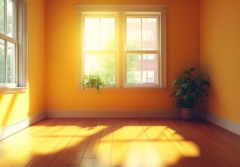 Fototapeta premium Bright Yellow Room Sunlight Window Plant Wooden Floor