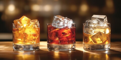 Various colorful cocktails with ice cubes in glasses set against a blurred bar background during evening hours