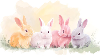 Obraz premium Soft pastel Easter bunnies with floral motifs, hand-drawn for gentle and charming designs.