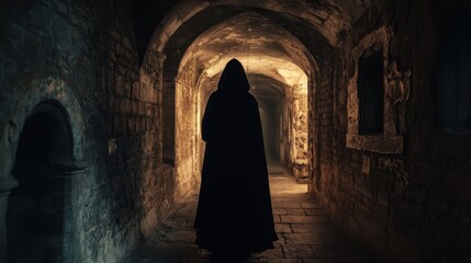 A dark silhouette of a hooded figure in a medieval stone corridor, glowing light revealing a hidden past