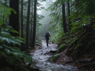 Fototapeta premium Hiker trekking through dense forest in heavy rain nature adventure outdoor exploration atmospheric environment captivating viewpoint