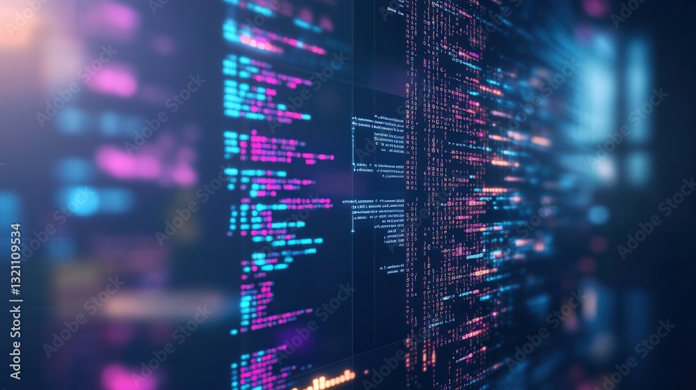 Poster Digital code interface illuminated in a dark futuristic room with glowing screens highlighting design principles