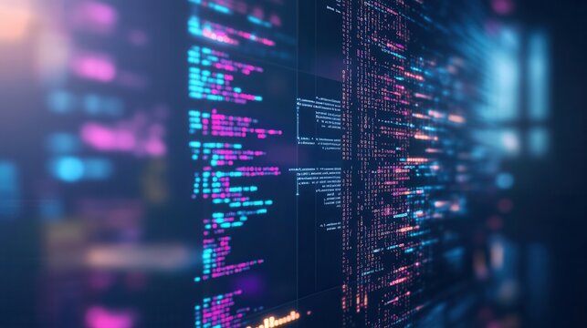 Digital code interface illuminated in a dark futuristic room with glowing screens highlighting design principles