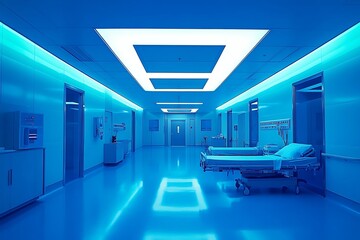 Clean Modern Hospital Corridor with Blue Lighting and Beds