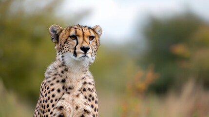 Majestic cheetah portrait, alert gaze, blurred foliage background