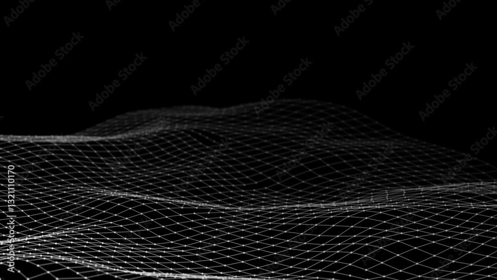 Poster Dynamic wave of glowing particles. Digital technology background. 3d rendering. 
