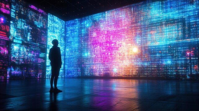A futuristic interpretation of interreligious communication, blending faith traditions into a glowing digital tapestry