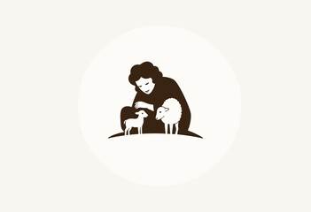 Obraz premium Faithful Guidance: A Symbolic Image of a Shepherd with Two Lambs, Evoking a Sense of Protection, Security, and the Trusting Relationship Between a Leader and Followers.