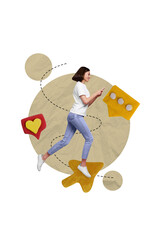 Creative 3d photo graphics collage painting of happy smiling lady getting modern device likes...