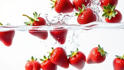 Fresh strawberries splashing into clear water, white background, fruit, vibrant