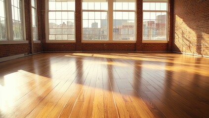 Obraz premium Empty sun-drenched loft with hardwood floors