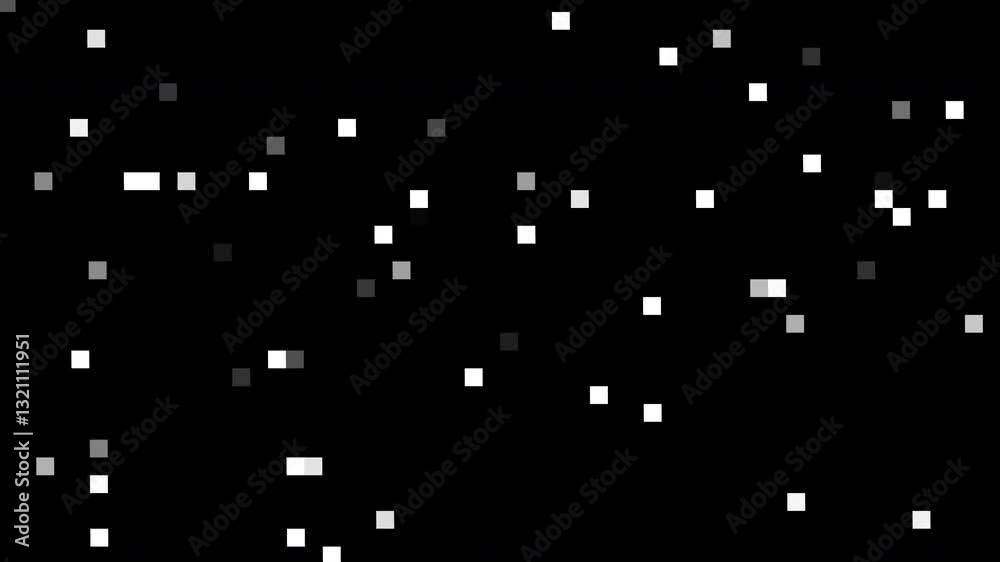 Poster A dynamic loop animation of digital pixels shifting and changing in a random pattern against a black background, creating a