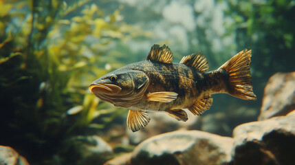 Fototapeta premium Stunning underwater image of a brown fish swimming in aquatic plants sea lake pond fins life gold