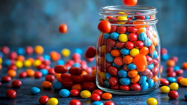 Colorful candy jar spilling vibrant sweets on a textured surface