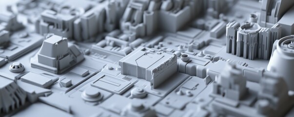 Detailed gray architectural model of futuristic cityscape with complex geometric structures and buildings