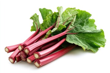Fresh vibrant red rhubarb stalks with leaves